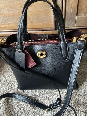 Coach Black Pebbled Leather Shoulder Tote with Burgundy Accents